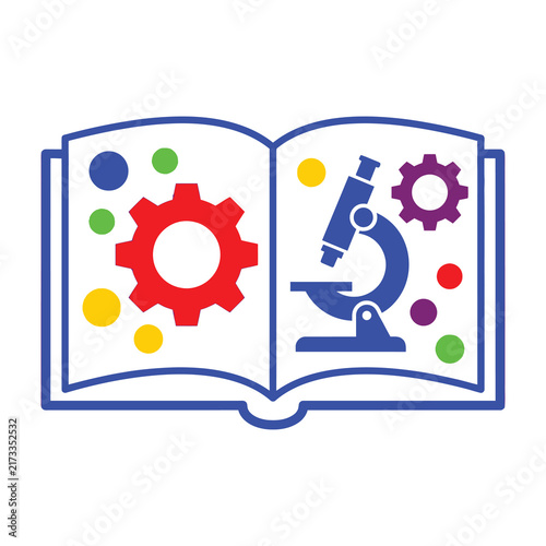 Open book with colorful gears and microscope