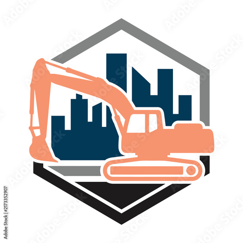 Excavator machine in front of city skyline
