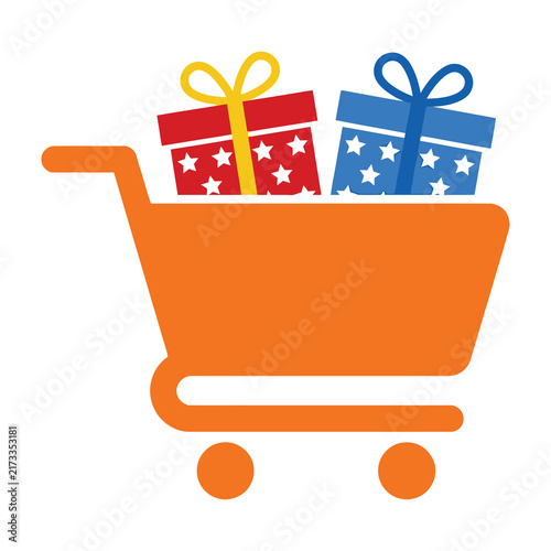 Orange Shopping Cart Icon Containing Two Wrapped Gift Boxes with Ribbons for Holiday Sales