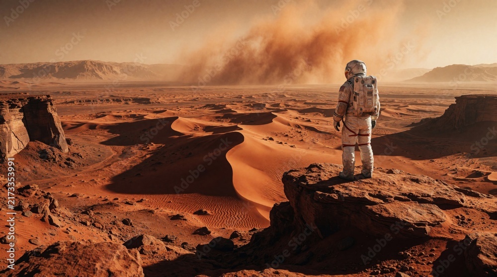 Fototapeta premium Astronaut stands on rocky cliff overlooking Mars landscape. Red planet desert with large sandstorm in background. Space explorer looks at vast dunes, mountains during future colonization mission.