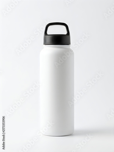 White metal water bottle with a black lid isolated on white background