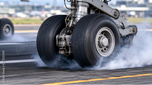 Aircraft Landing Gear Touching Down on Runway with Tire Smoke