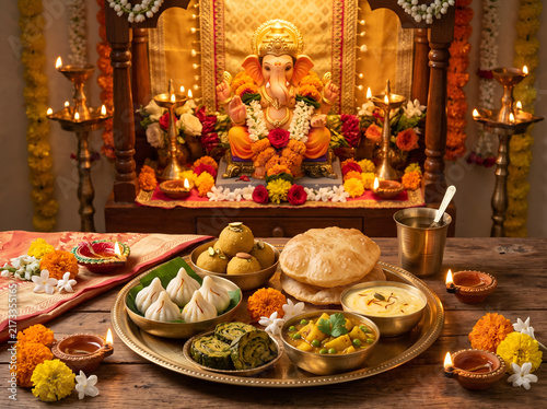 Lord Ganesha with a traditional Indian festive thali featuring modak and vegetarian dishes, combining devotional worship with authentic food traditions during Ganesh Chaturthi.