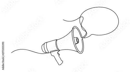Single-Line Drawing Of A Megaphone With A Speech Bubble For Public Announcement And Marketing Communication.