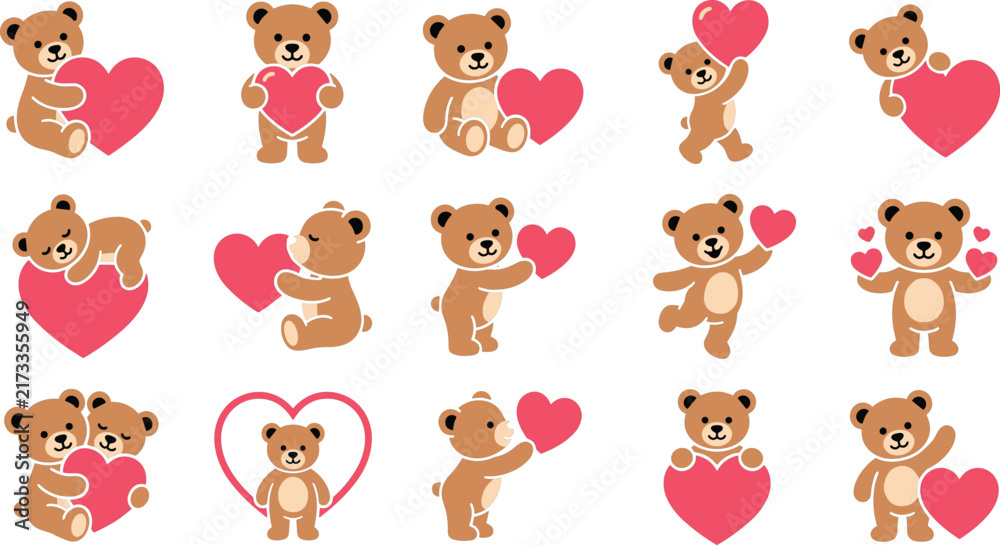 Fototapeta premium Cute Valentine Teddy Bear Character Pack with Big Red Hearts Vector Illustration for Romantic Holiday Cards Stickers Scrapbooking and Patterns