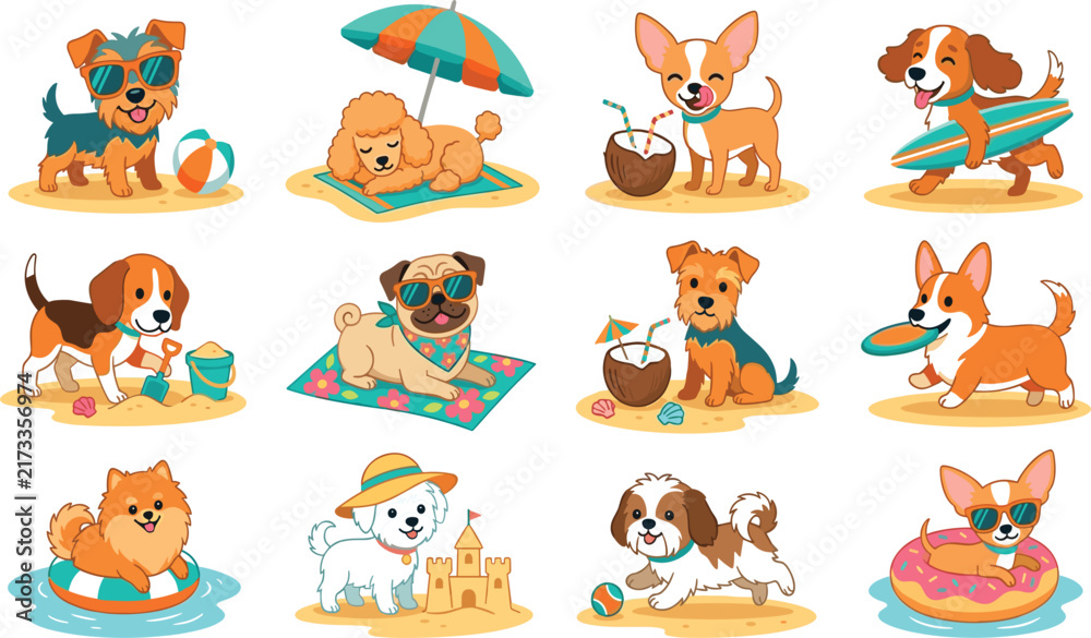 Obraz premium Cute Cartoon Dogs on Beach Summer Vacation Vector Icon Set Featuring Corgi Pug Pomeranian and Chihuahua Breeds Playing with Surfboard and Sandcastles