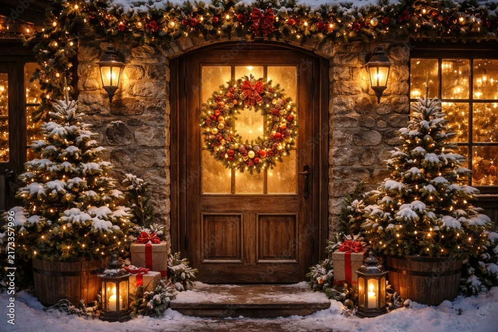 Fototapeta premium Cozy festive holiday entrance scene.