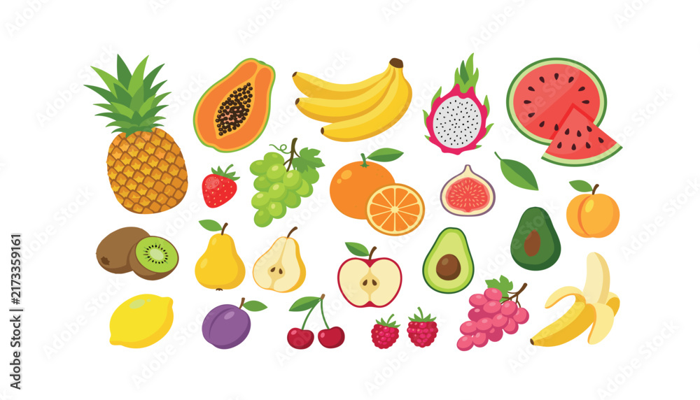 Obraz premium A vibrant vector collection of fresh organic tropical fruits. pineapple, banana, orange slices, strawberry, watermelon, kiwi, grapes, healthy food elements.