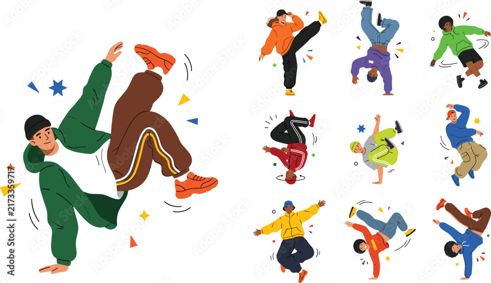 Obraz premium Hip Hop Breakdancer Character Set Featuring Young Dynamic Dancers Performing Breakdance Poses Handstands Headspins And Street Dance Moves For Youth Culture Graphic Designs