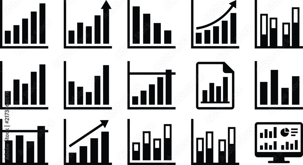 Obraz premium Business statistics bar chart icons set. Data visualization graphics. Financial analysis, market research, and accounting symbols. Modern vector collection for presentations and reports.