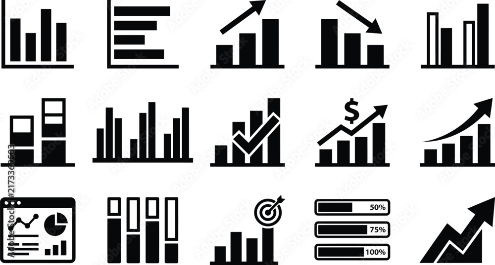 Obraz premium Financial Statistics Icon Set. Business Analytics Graphs, Bar Charts, Line Diagrams. Black Symbol Collection for Data Visualization and Reporting