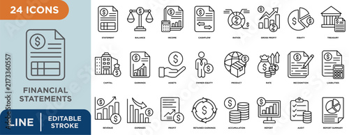 Foto financial statements line icon set with editable stroke for balance, income, cas