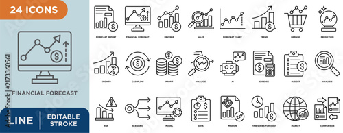 Financial forecast line icon set with editable stroke for revenue, sales, forecast chart, trend, demand, prediction, growth