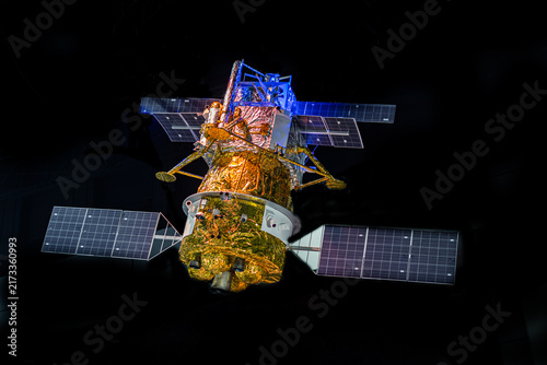 Satellite simulation Satellite dish with solar panel Telecommunication satellite providing global internet network