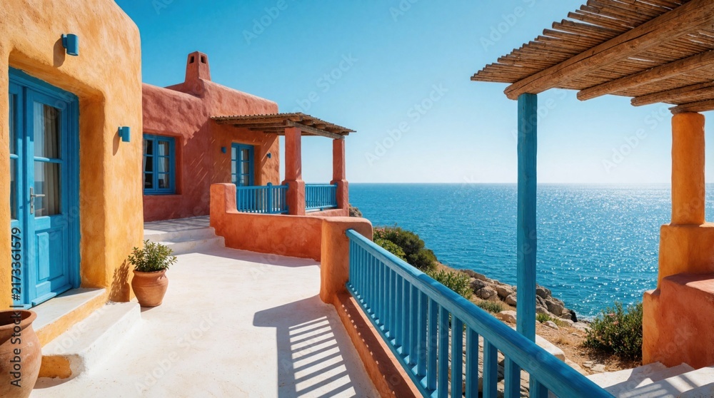 Obraz premium Terracotta house with blue doors and windows overlooks calm sea on sunny day. Coastal architecture offers tranquil balcony view of ocean. Holiday home invites relaxation.