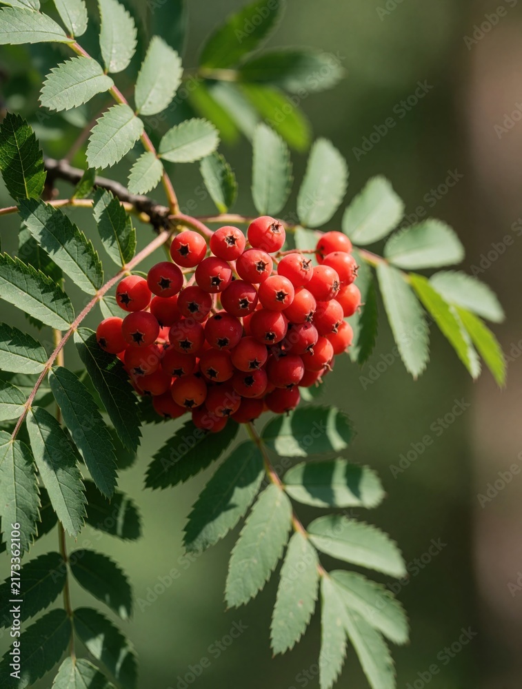 Naklejka premium Rowan berries cluster on a branch with green leaves. These bright red fruits grow in bunches on trees in summer and autumn. Berries have small star shapes on their bottoms.