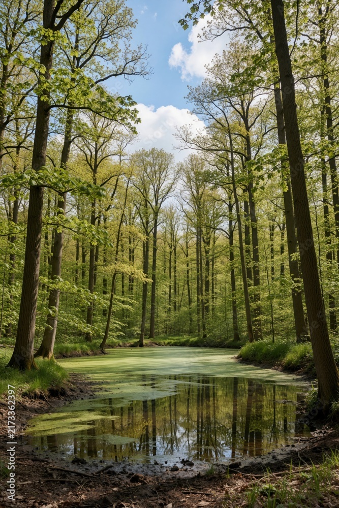 Naklejka premium Green oak forest in spring with small pond. Tall trees grow near calm water surface. Sunlight shines through leaves on vegetation. Peaceful woodland scenery with algae on lake in nature reserve
