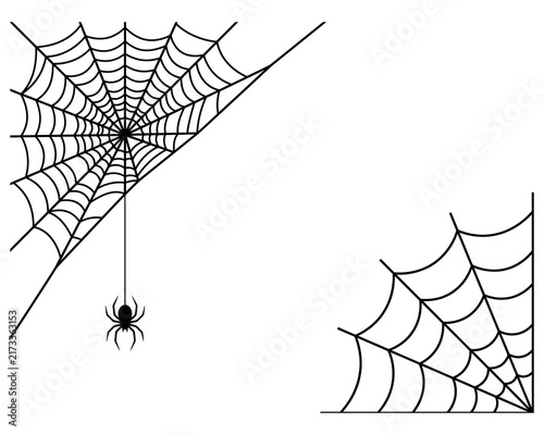 Black and white illustration of a spiderweb with a small spider on a white background