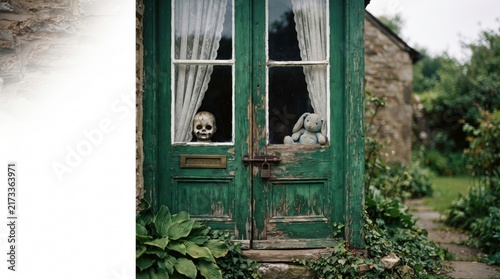Mysterious Dwelling: A weathered green door with drawn curtains reveals a curious display of a skull and a plush toy, hinting at secrets within a rustic, overgrown cottage.