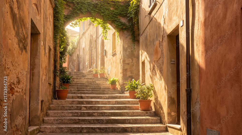 Obraz premium Ancient town alleyway featuring old stone stairs winding upwards, bathed in warm afternoon sunlight through a leafy arch