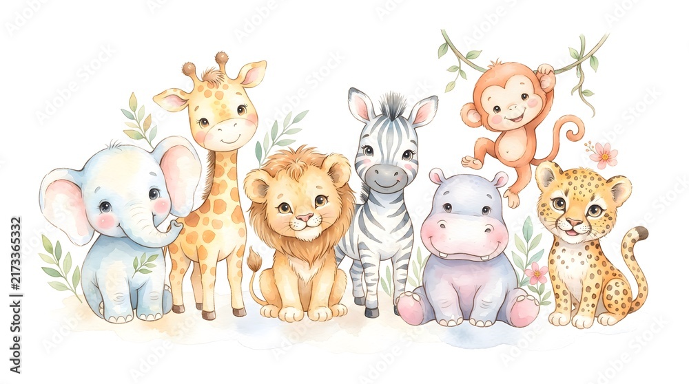Fototapeta premium A delightful watercolor illustration of jungle animal friends sitting together, expressing friendship and playful interaction.