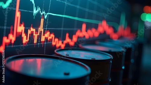 Oil barrels in front of a digital stock market graph showing volatile energy price trends.