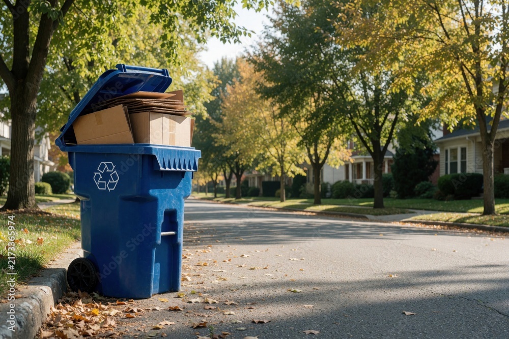 Obraz premium Blue recycle bin overflows with cardboard boxes on suburban street curb. Residential houses and green trees line the road. Autumn leaves trash the pavement. Collection day nears for waste.