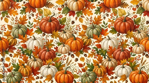 Seamless pattern with pumpkins, autumn leaves, and acorns