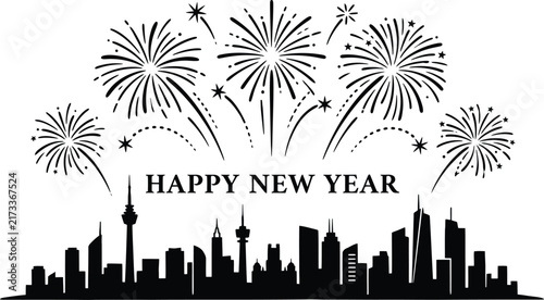 Fireworks display over a city skyline black silhouette on white background