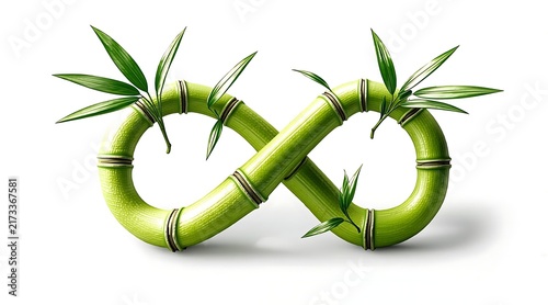 Two green bamboo stalks with leaves forming an infinity symbol on a white background. Intertwined design highlighting natural texture and creative shape.