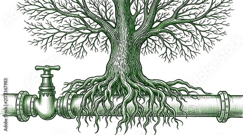 Illustration of a large tree with roots wrapping around a metal pipe with a valve. Showcasing the interaction of nature and artificial industrial facilities.
