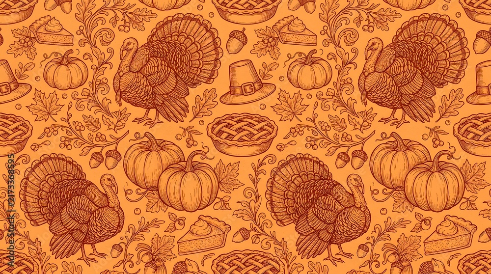 Seamless pattern with thanksgiving symbols like turkey, pumpkin, pie, acorn and autumn leaves on orange background