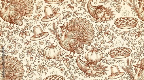 Seamless pattern with turkeys, cornucopia, pilgrim hats, and pies in vintage handdrawn engraving style for thanksgiving holiday background