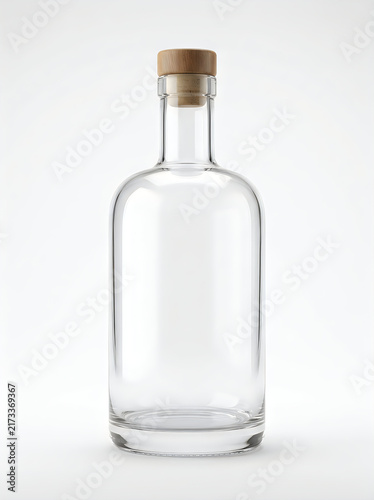 Empty glass bottle with a wooden cork stopper isolated on white background