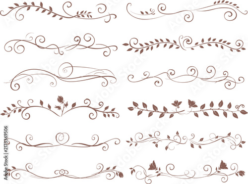 Set of twelve elegant floral dividers and flourishes with leaves and swirls