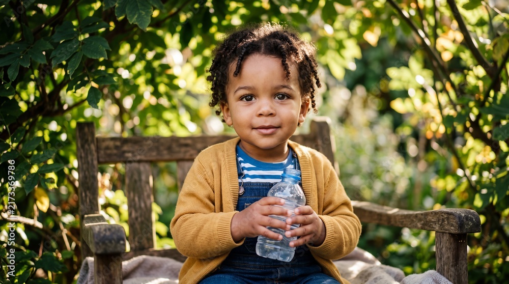Fototapeta premium African American Toddler Boy Recycling Plastic Bottle Outdoors