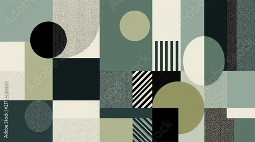 Panel kuchenny z motywem Abstract geometric composition with circles, squares, lines in sage green, black, cream colors. Minimalist pattern features textures, mosaic shapes. Modern graphic design background for art prints,