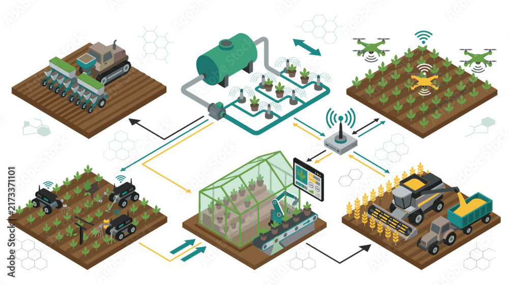 Fototapeta premium Integrated smart farm network with connected drones autonomous machinery and cloud sensors.