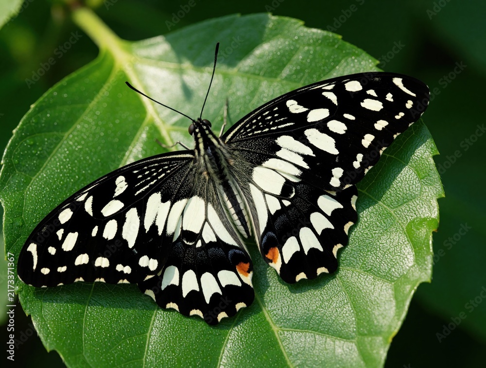 Naklejka premium Detailed macro view of black and white citrus swallowtail butterfly resting on vibrant green leaf. Insect displays intricate wing patterns and delicate antennae, showcasing nature beauty and symmetry.
