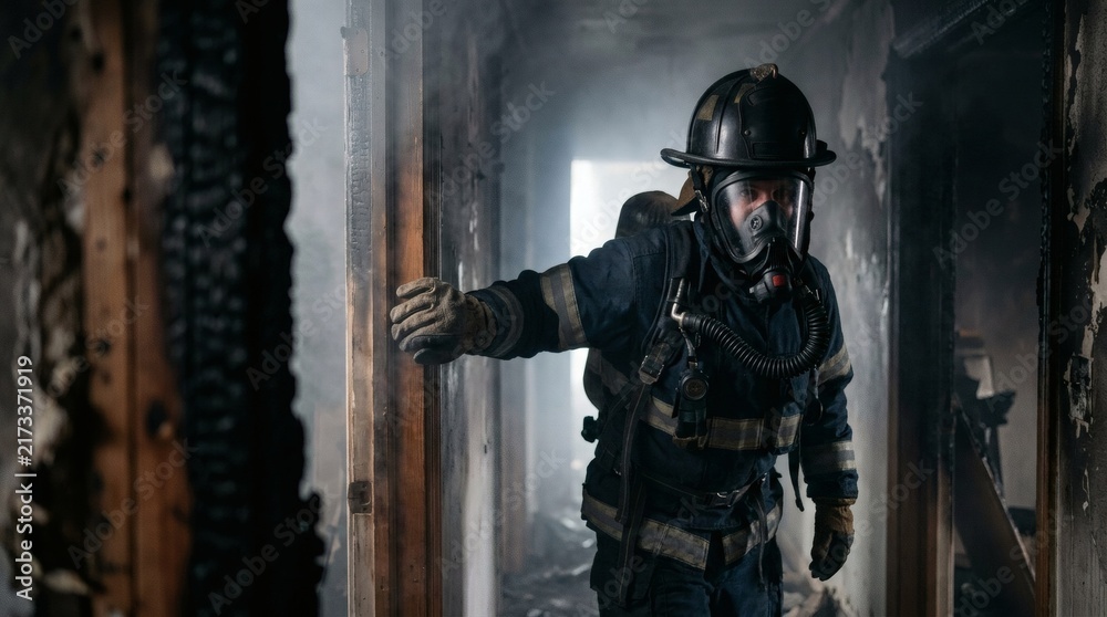 Fototapeta premium Firefighter Navigates Dark Smoky Hallway of Burnt Building Aftermath