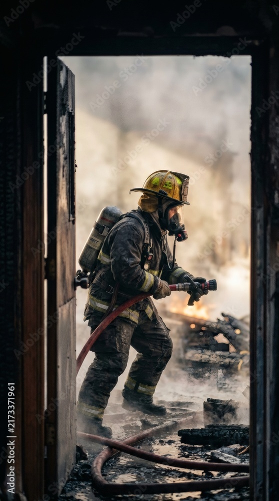 Fototapeta premium Brave Firefighter Battles Blaze in Charred Interior Doorway