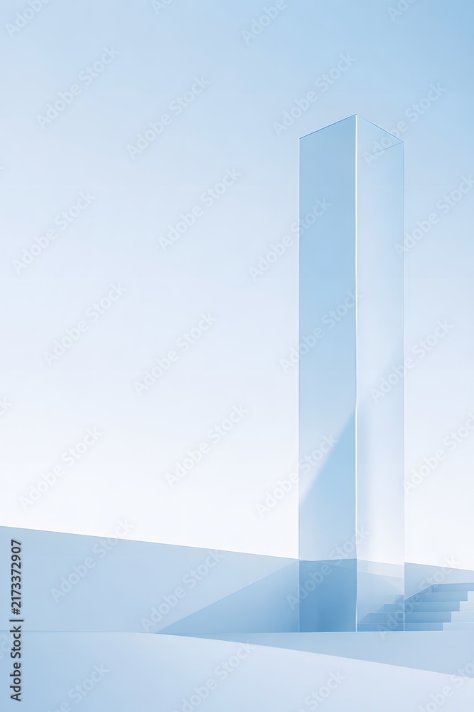 Obraz premium A minimalist abstract architectural structure resembling a tall, slender prism stands against a soft gradient sky, evoking a sense of calm and modern design.