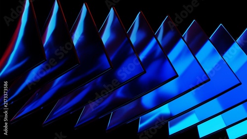 Overlapping glossy blue glass panels arranged diagonally. Transparent layered rectangles catch sharp neon blue highlights and fade into deep navy shadows against a solid black background.