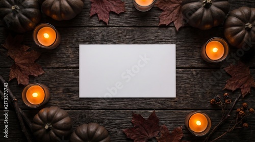 Autumn sale or Halloween party invitation concept, empty paper flat lay with spooky seasonal decor.