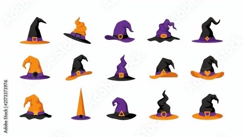 A collection of colorful Halloween witch hat vector illustrations on white background