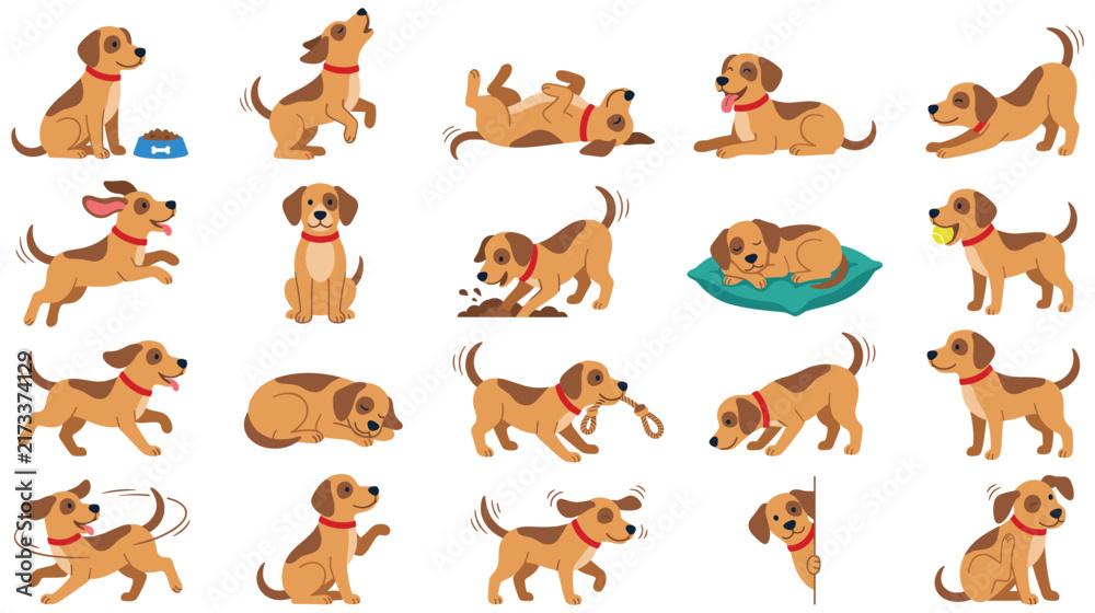 Obraz premium Playful brown dog poses actions and emotions flat vector illustration set.
