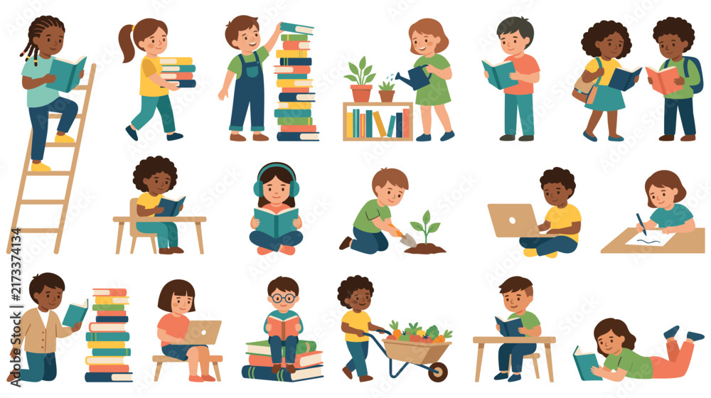 Fototapeta premium Cute school children reading books gardening and using laptops flat vector.