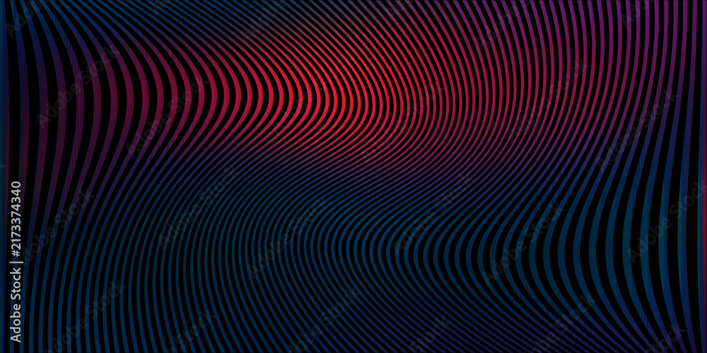 Fototapeta premium Bright red neon wave pattern on black background with light effects.