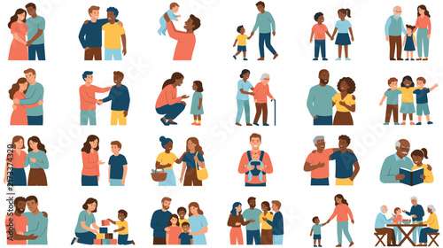 Фотография Diverse family couples friends and generations flat vector illustration set