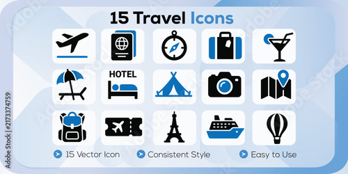 Travel & Tourism Solid Fill Vector Icon Set – Vacation, Transportation, Adventure & Destination Symbols